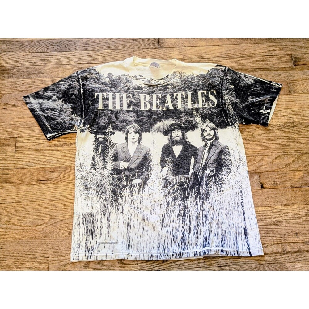 Vintage 90's BEATLES Double Sided All Over Print ~XL White Single Stich T-Shirt